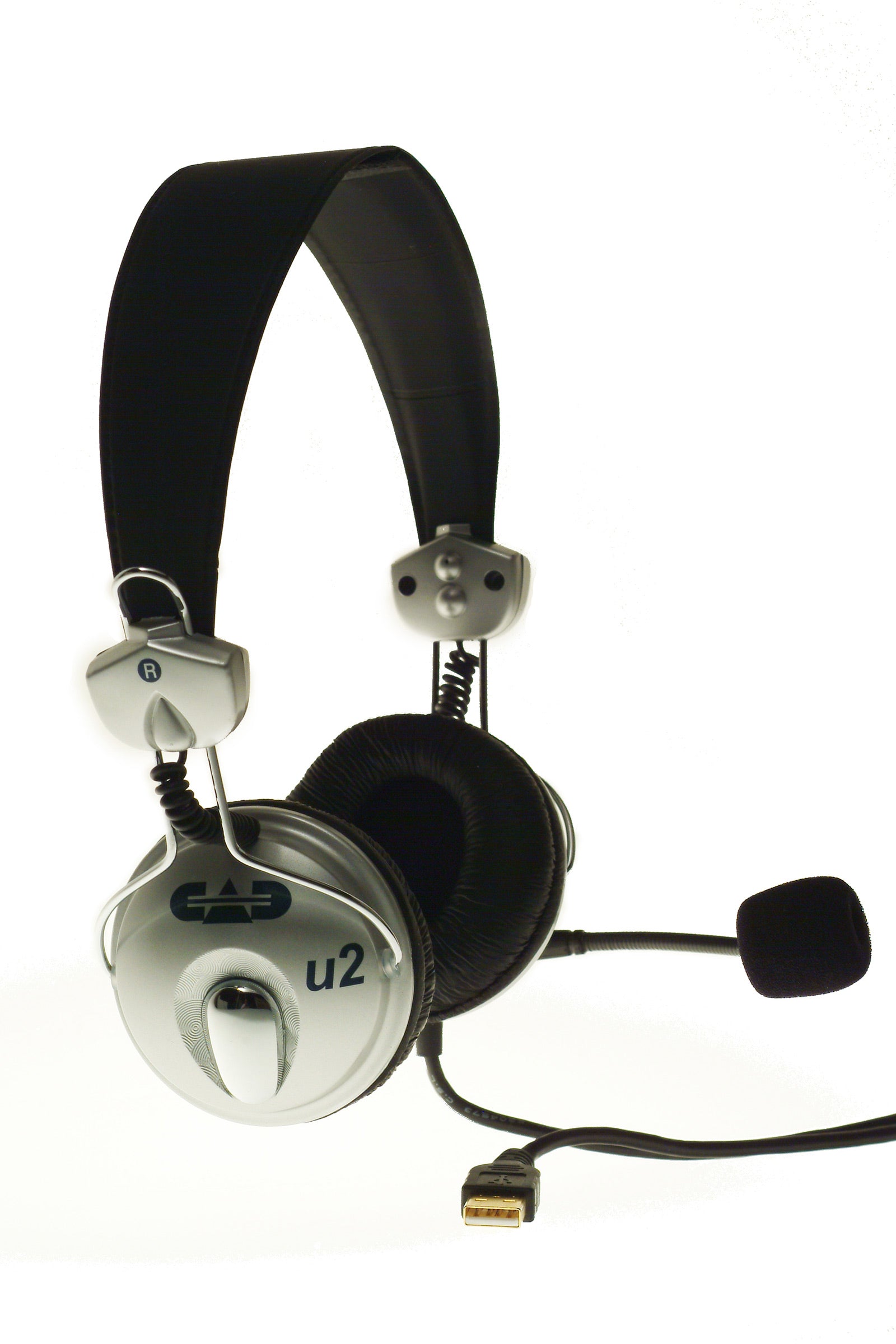 Aviation headset with 'u2' branding on a white background