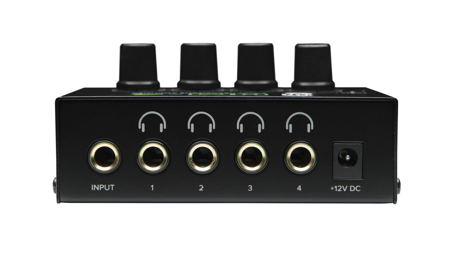 Black audio interface with input and output jacks on a white background