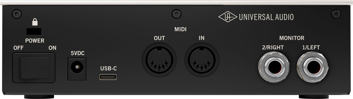 Back panel of a Universal Audio audio interface with various connectors.