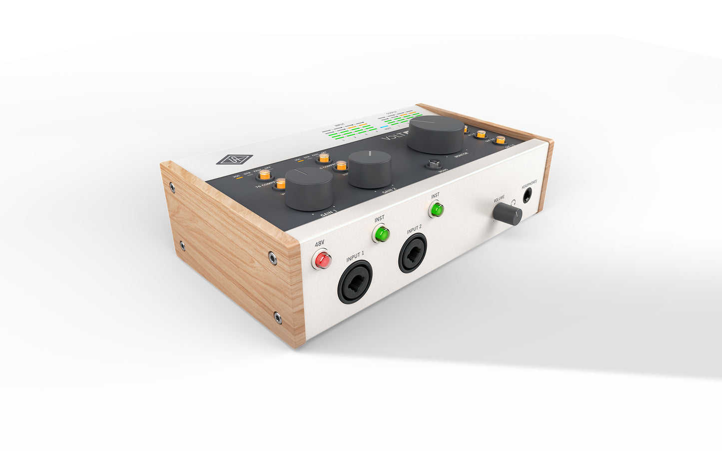 Audio interface with knobs and ports on a white background