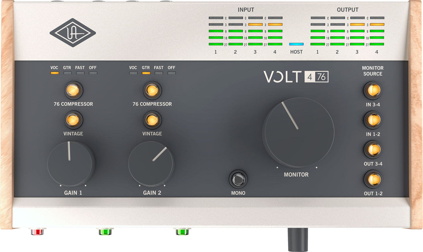 Audio interface with 'Volt 476' branding on a wooden surface