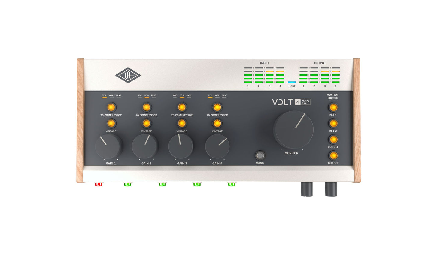 Audio interface with control knobs and display on a white background