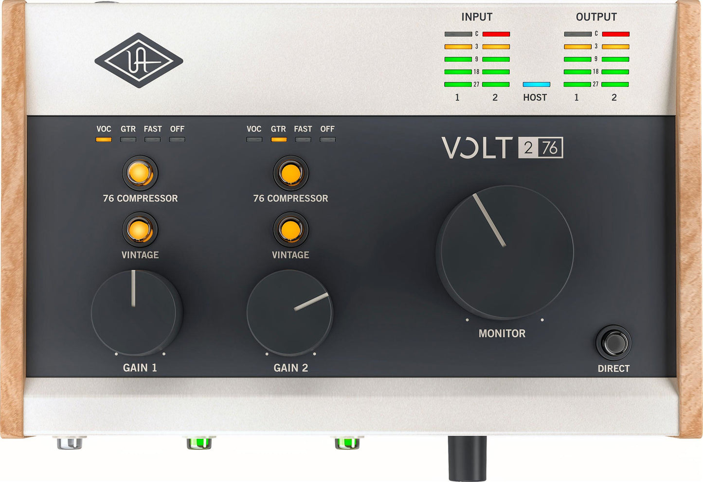 UA Volt 276 top view showing 76 Compressor, Vintage preamp controls, input/output meters, and monitor knob