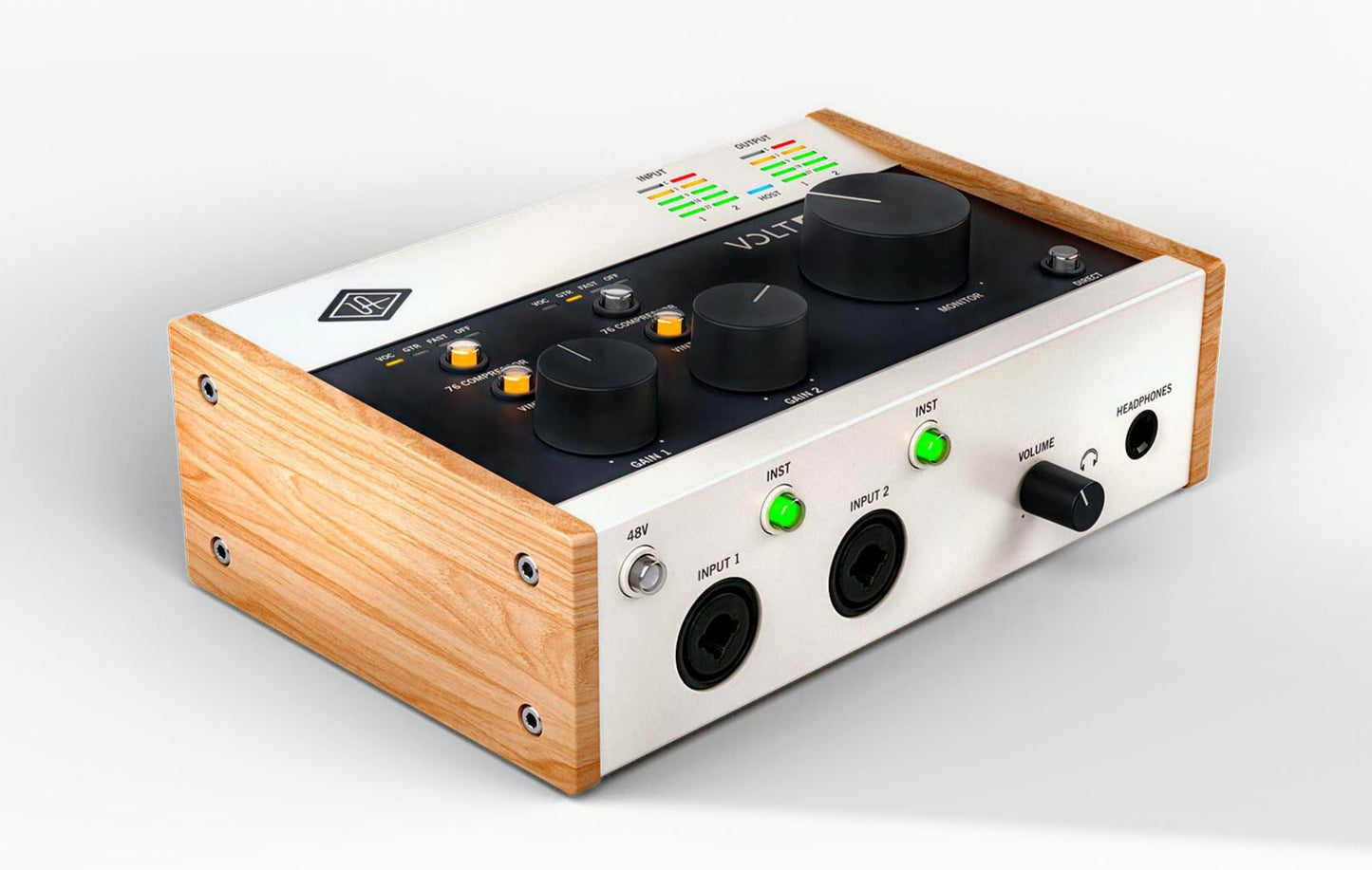 Universal Audio Volt 276 USB-C 2-in/2-out desktop audio interface with wood side panels, angled studio view