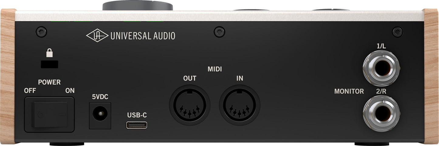 Universal Audio Volt 276 rear panel with USB-C, 5V DC power, MIDI In/Out, balanced monitor outs 1/L & 2/R, and power switch