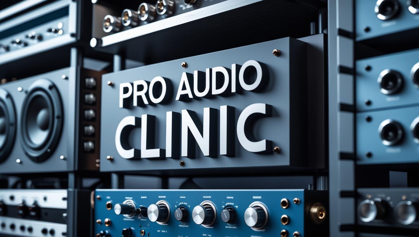 Pro audio clinic sign with electronic equipment in the background