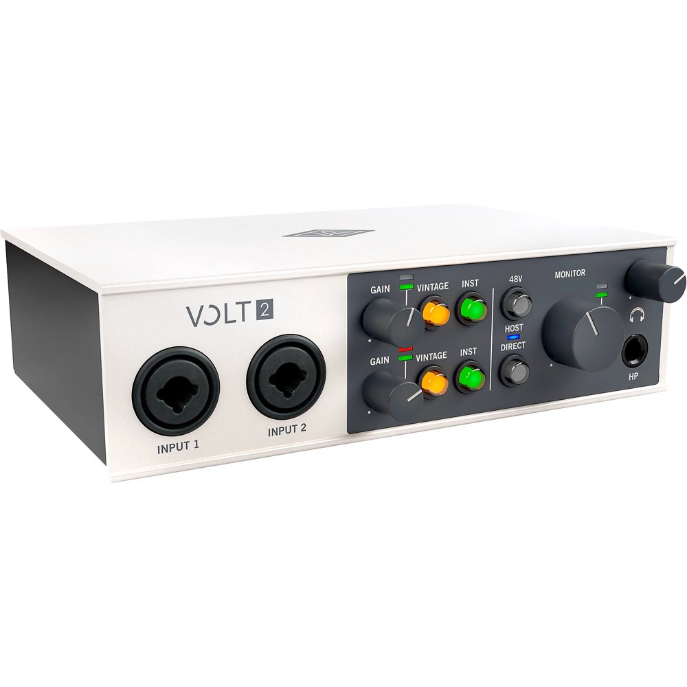 Universal Audio Volt 2 USB-C audio interface angled view showing dual combo inputs and front panel controls including gain, vintage mode, instrument level, and headphone jack