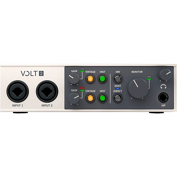 Front panel of the Universal Audio Volt 2 with visible gain knobs, vintage mode switches, 48V phantom power, input monitoring options, and headphone output