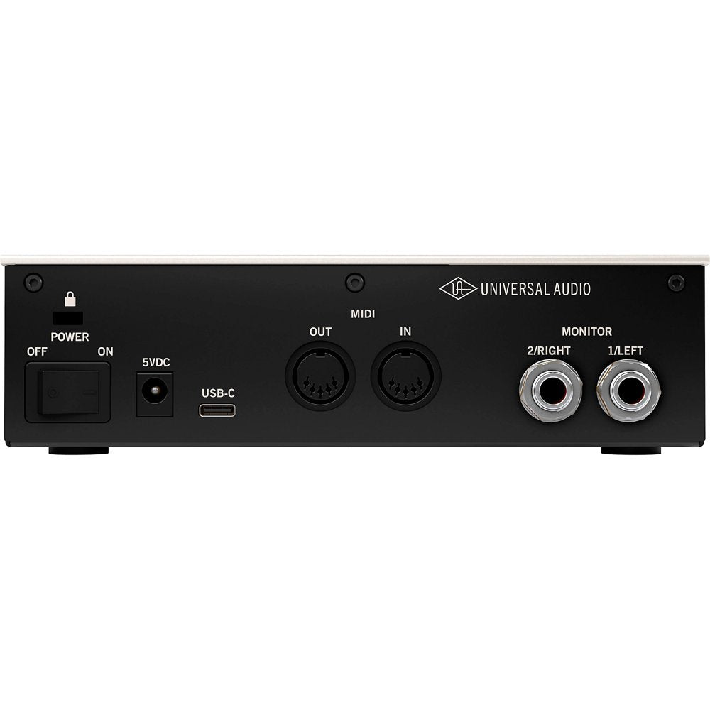 Rear panel of the Universal Audio Volt 2 featuring USB-C port, MIDI in/out, 5V DC input, monitor outputs, and power switch