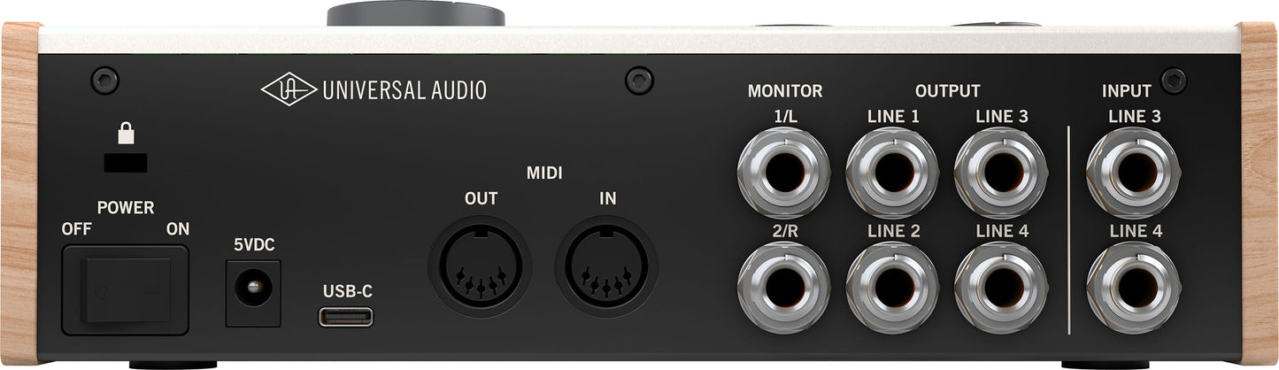 Back panel of a Universal Audio audio interface with various connectors and labels.