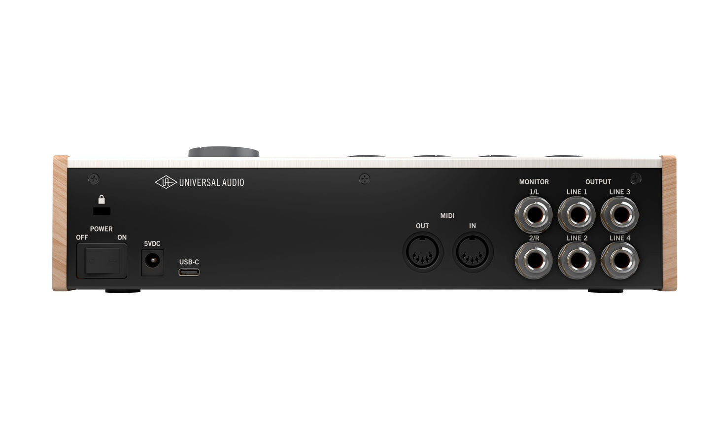 Back view of a Universal Audio audio interface with multiple connectors on a white background