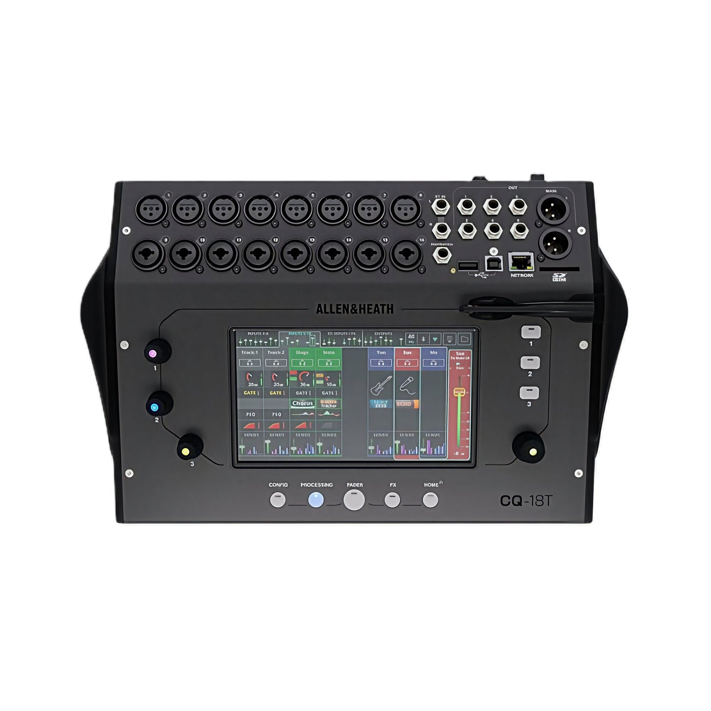 Allen & Heath CQ-18T digital mixer front panel with touchscreen and audio inputs