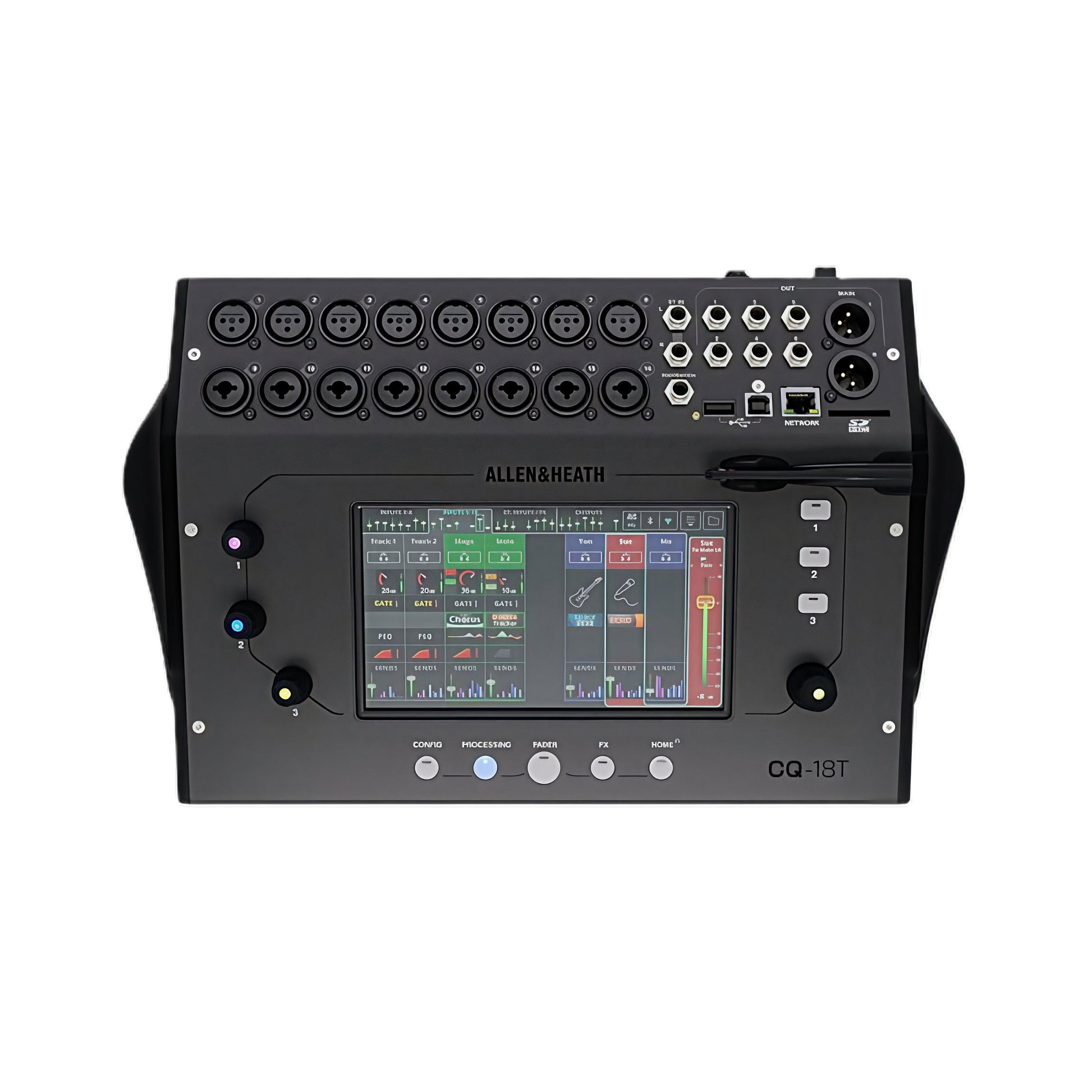Allen & Heath CQ-18T digital mixer front panel with touchscreen and audio inputs