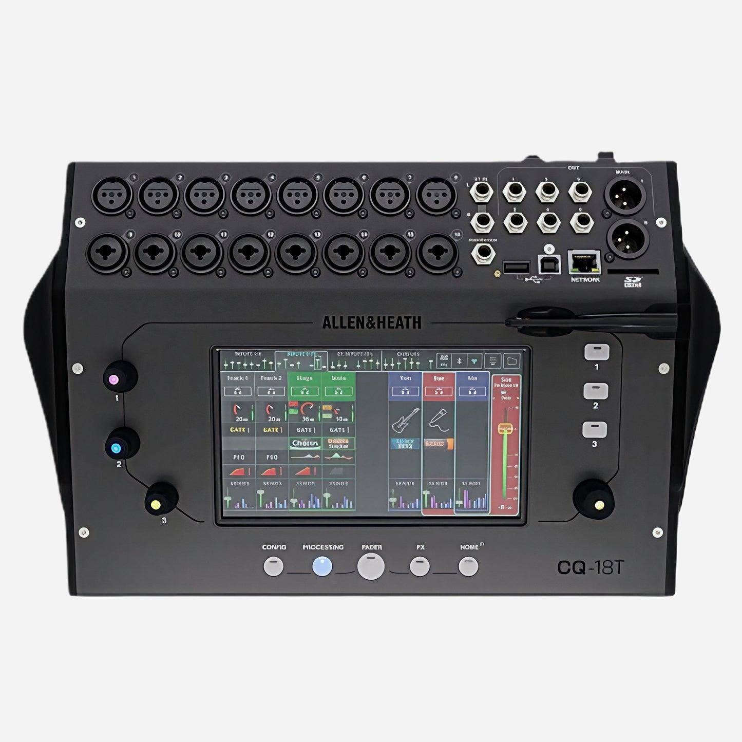 Allen & Heath CQ-13T digital audio console in black, featuring a large color touchscreen display, multiple XLR inputs, MIDI ports, USB interface, and control knobs on a light gray background.