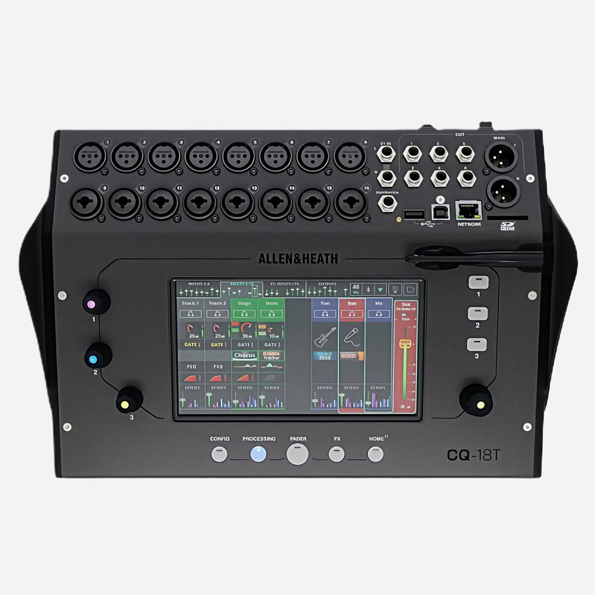 Allen & Heath CQ-13T digital audio console in black, featuring a large color touchscreen display, multiple XLR inputs, MIDI ports, USB interface, and control knobs on a light gray background.
