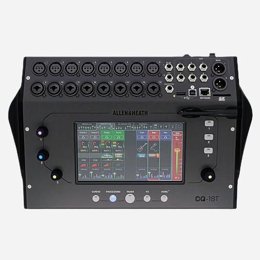 Allen & Heath CQ-13T digital audio console in black, featuring a large color touchscreen display, multiple XLR inputs, MIDI ports, USB interface, and control knobs on a light gray background.