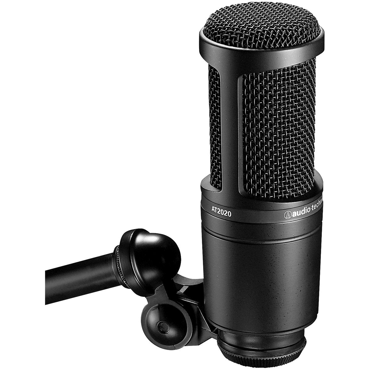 Audio-Technica AT2020 cardioid condenser microphone mounted on boom arm from front angle