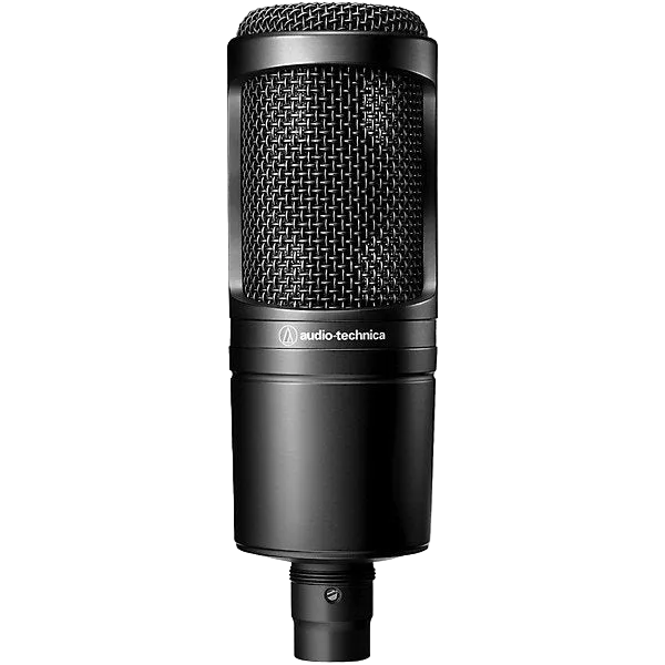 An Audio-Technica microphone in matte black with a textured mesh grille, shown against a plain white background.