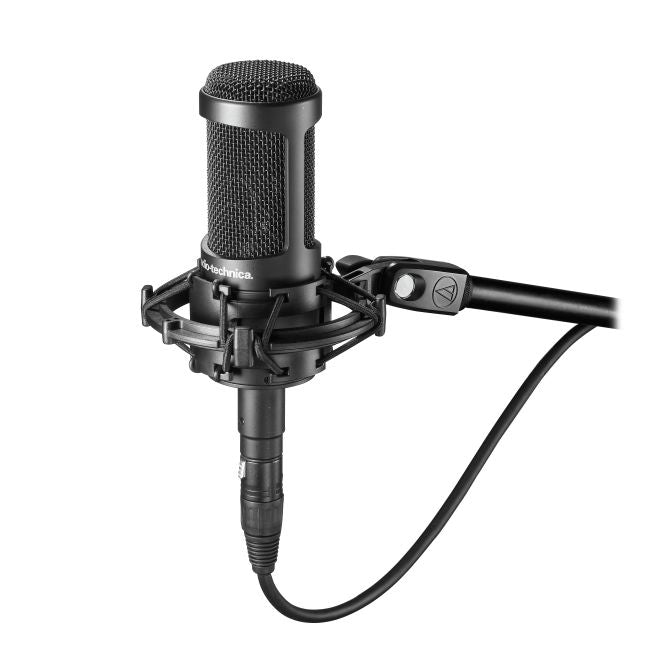 Side view of Audio-Technica AT2035 studio microphone on mounted stand