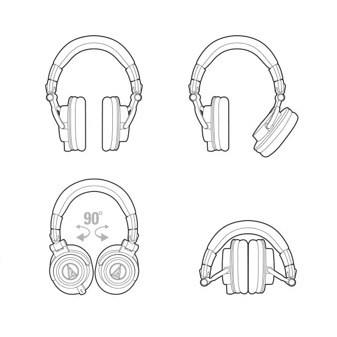 Illustration of ATH-M50x showing 90-degree swiveling earcups and folding design