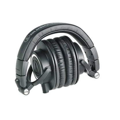 Folded ATH-M50x headphones with compact profile for storage and travel
