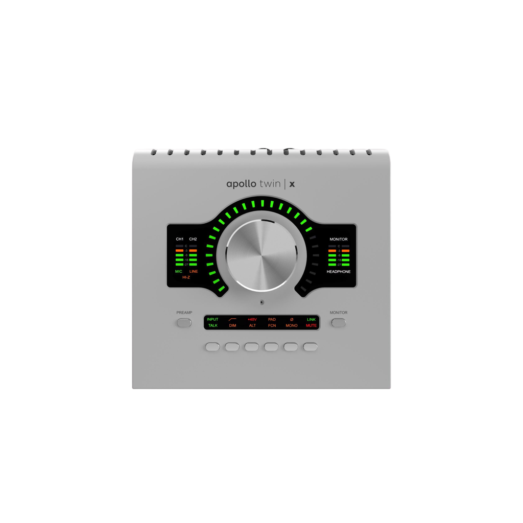 Audio interface with 'Apollo Twin X' branding on a white background