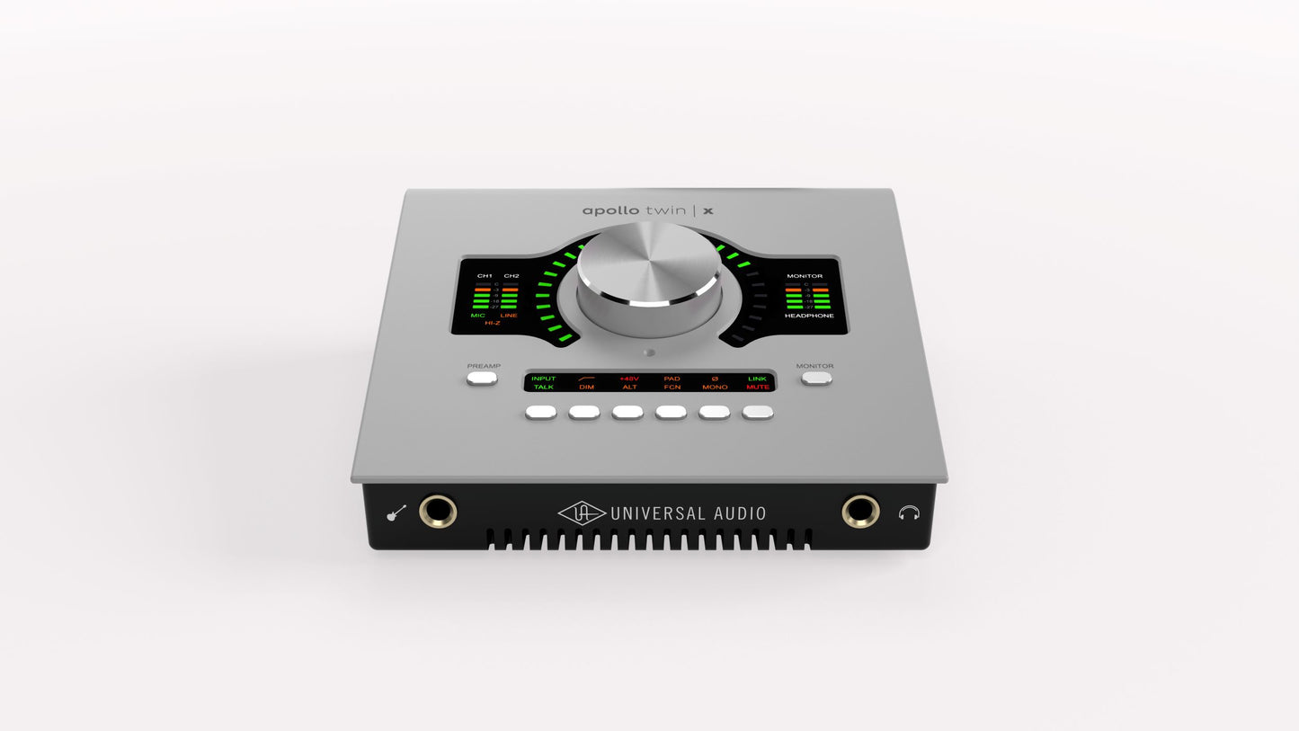 Audio interface with control panel on a white background