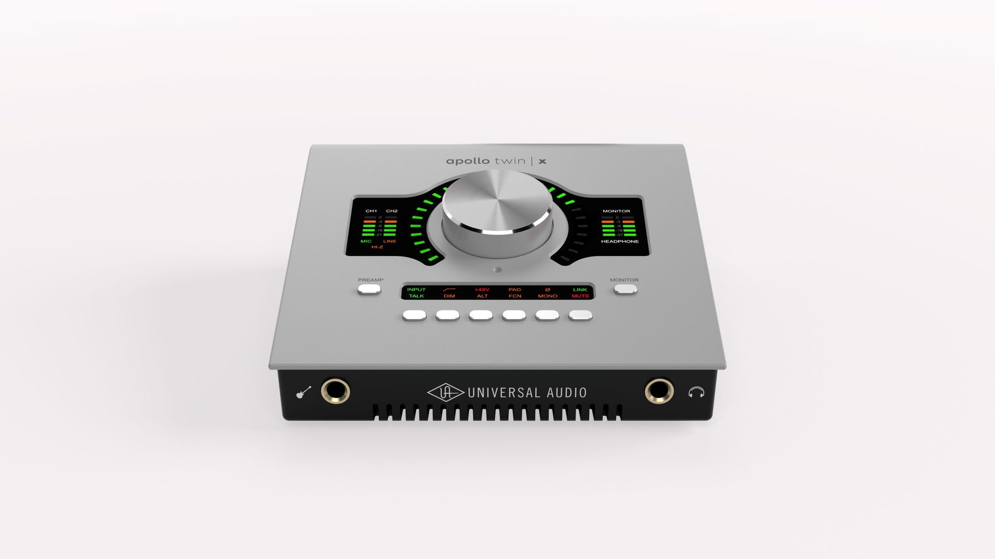 Audio interface with control panel on a white background
