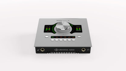 Audio interface with control panel on a white background