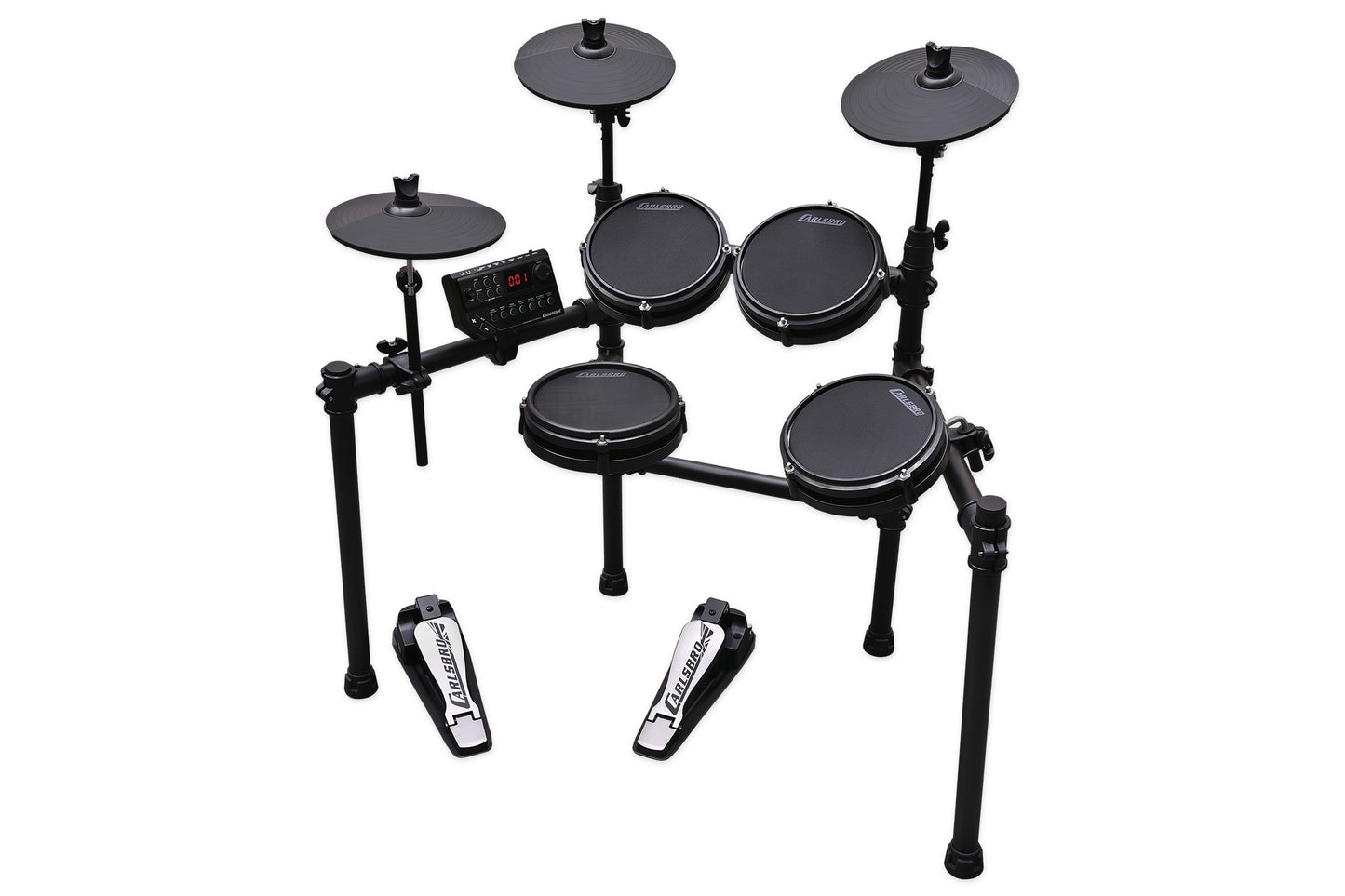 Angled view of Carlsbro CSD25M 7-piece electronic drum kit with dual-zone mesh heads and rack mount