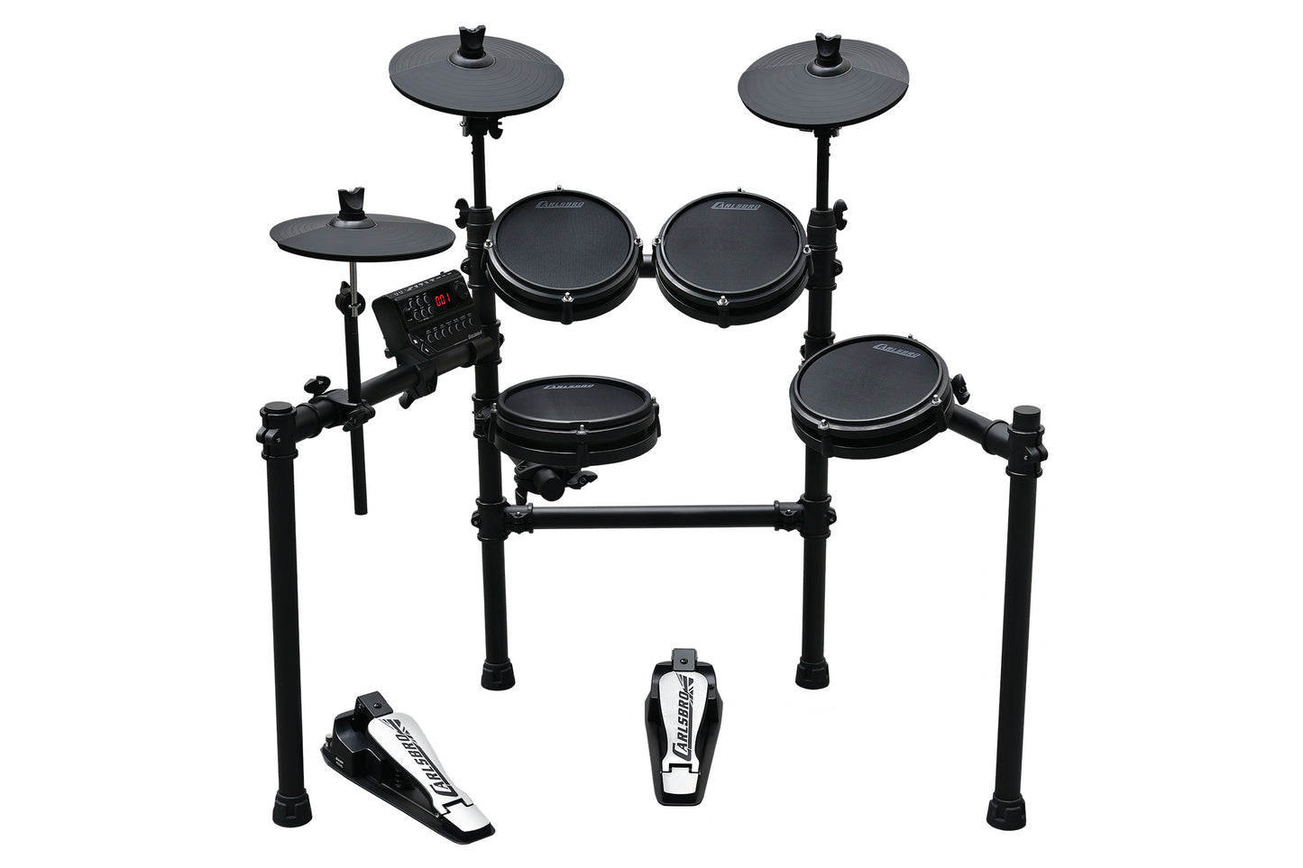 Carlsbro CSD25M electronic drum kit with mesh pads, cymbals, rack, and foot pedals – front angle view