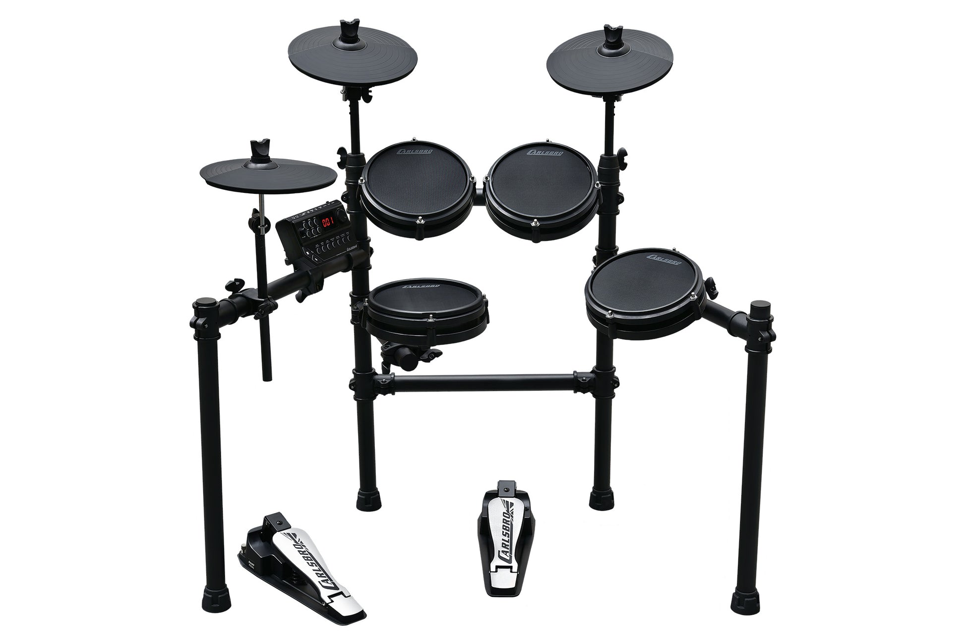 Carlsbro CSD25M electronic drum kit with mesh pads, cymbals, rack, and foot pedals – front angle view