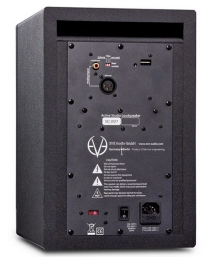 Rear panel of the EVE Audio SC207 active studio monitor showing XLR and RCA inputs, DIP switches, power switch, and AC power connection
