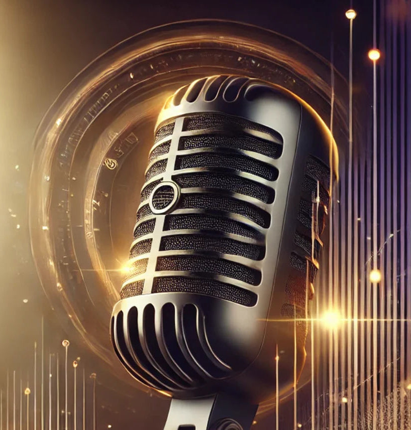 A vintage-style microphone with a ribbed metal grille, shown prominently against a dark, glowing background with circular light effects and vertical glowing lines.