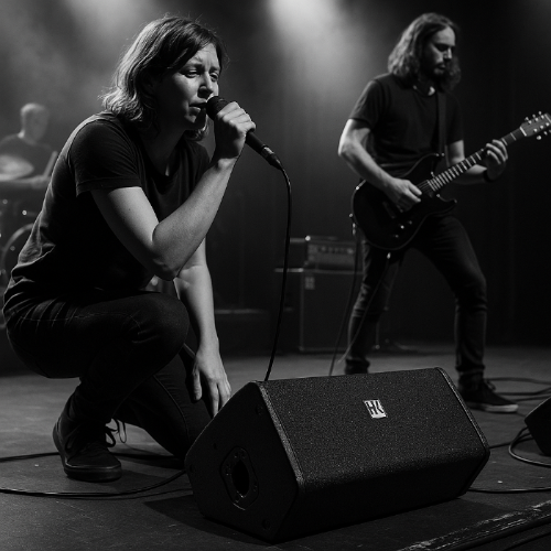 Black and white photo of a band performing on stage with a microphone and guitar in front of HK stage speaker