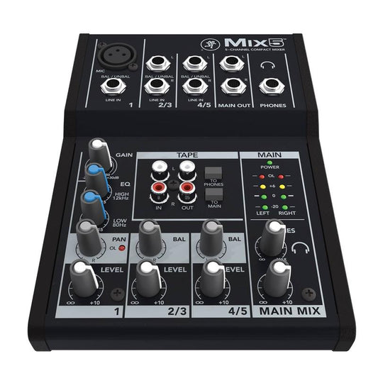 Mackie MIX5 compact 5-channel analog audio mixer with 1/4 inputs and EQ controls.