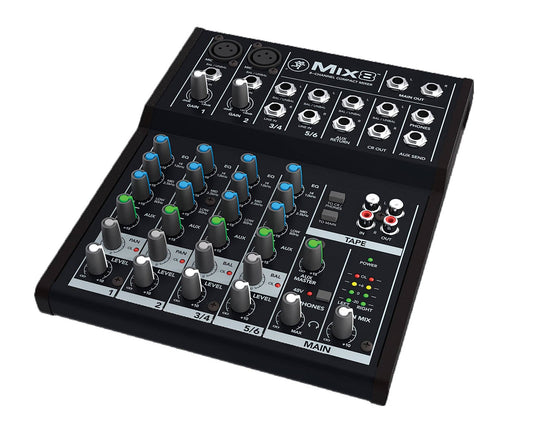 Mackie MIX8 8-channel analog audio mixer with EQ, aux send, and stereo inputs.