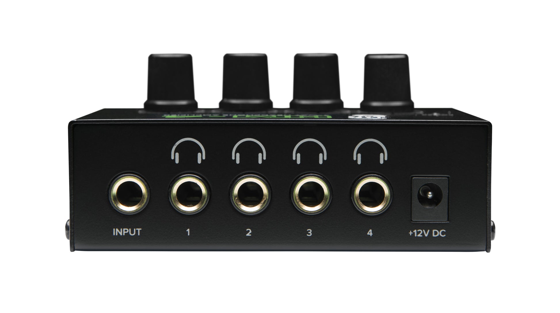 Black audio interface with input and output jacks on a white background