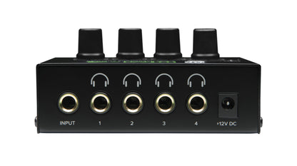 Black audio interface with input and output jacks on a white background