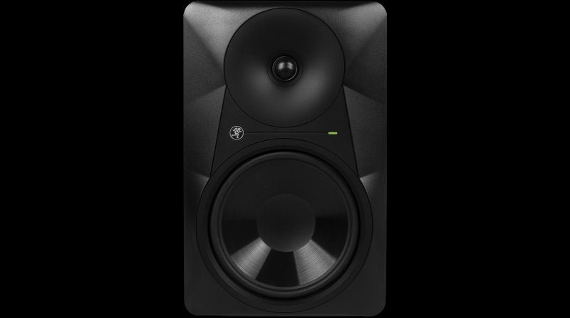 Front view of the Mackie MR824 powered studio monitor showing the tweeter, woofer, and front indicator light