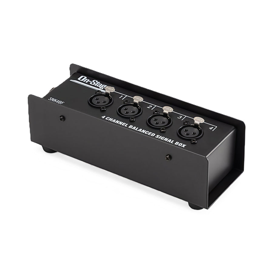 On-Stage SNK4BF 4-ch snake box—four XLR-F to RJ45, angled view