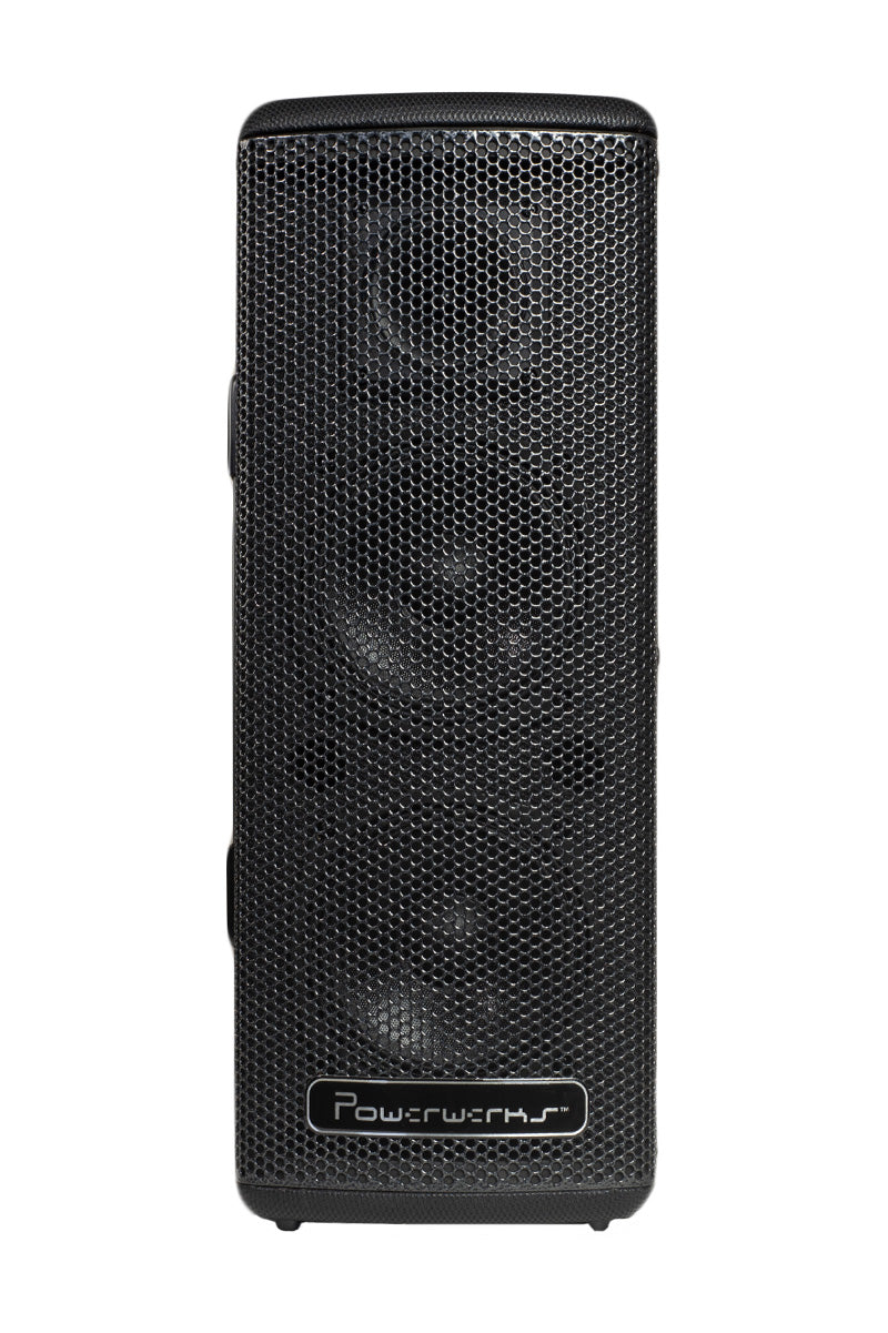Front view of Powerwerks PW505BT self-contained portable PA system with metal grille and brand logo