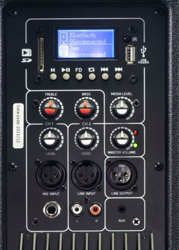 Close-up of Powerwerks PWRP3 rear control panel with Bluetooth, EQ, and input knobs