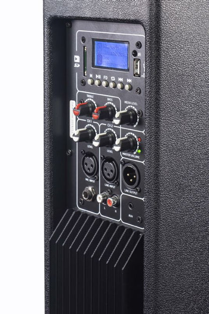 Side angle of Powerwerks PWRP3 control panel with XLR, RCA, and AUX connections