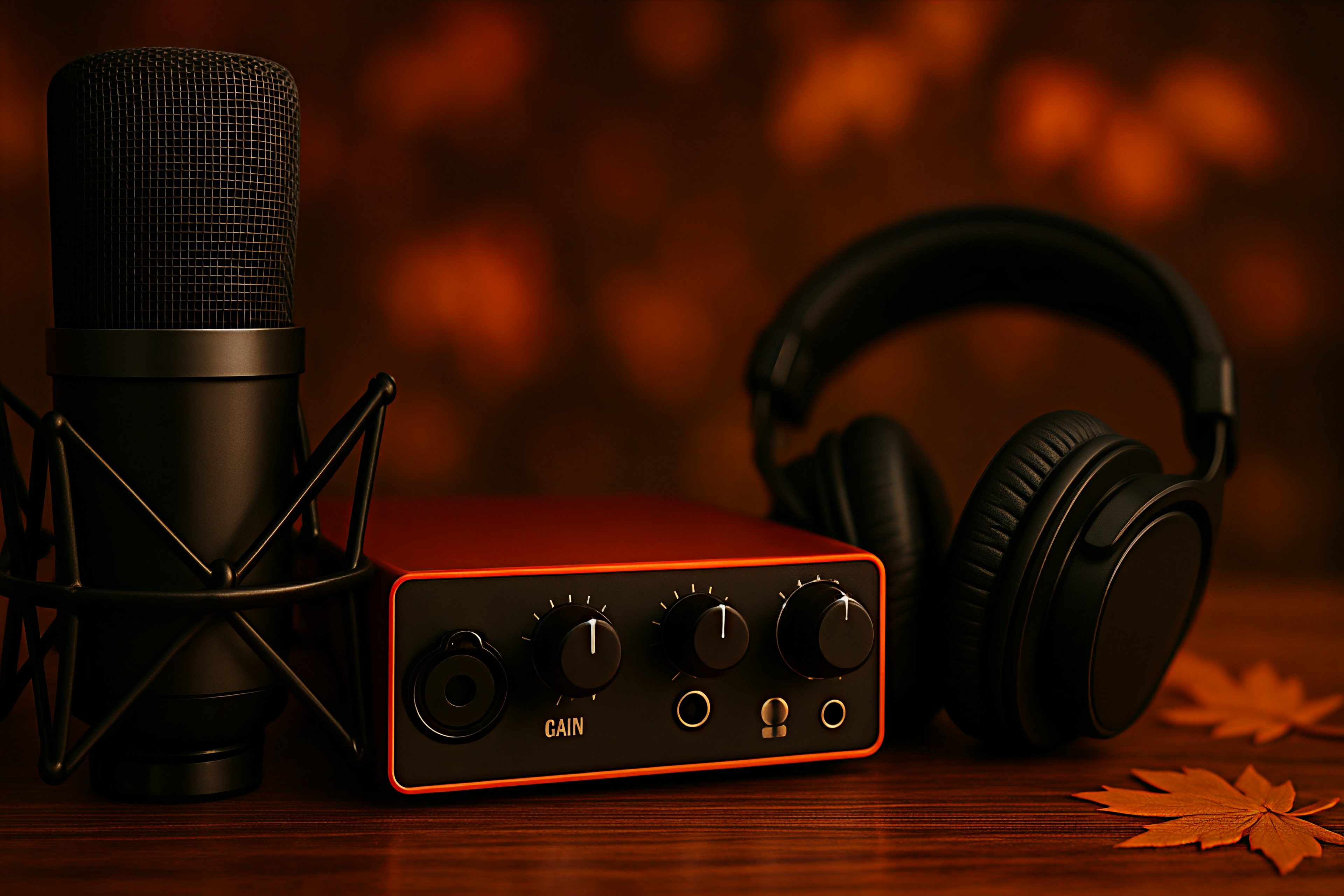 Microphone, audio interface, and headphones on a wooden surface with a warm-toned background.