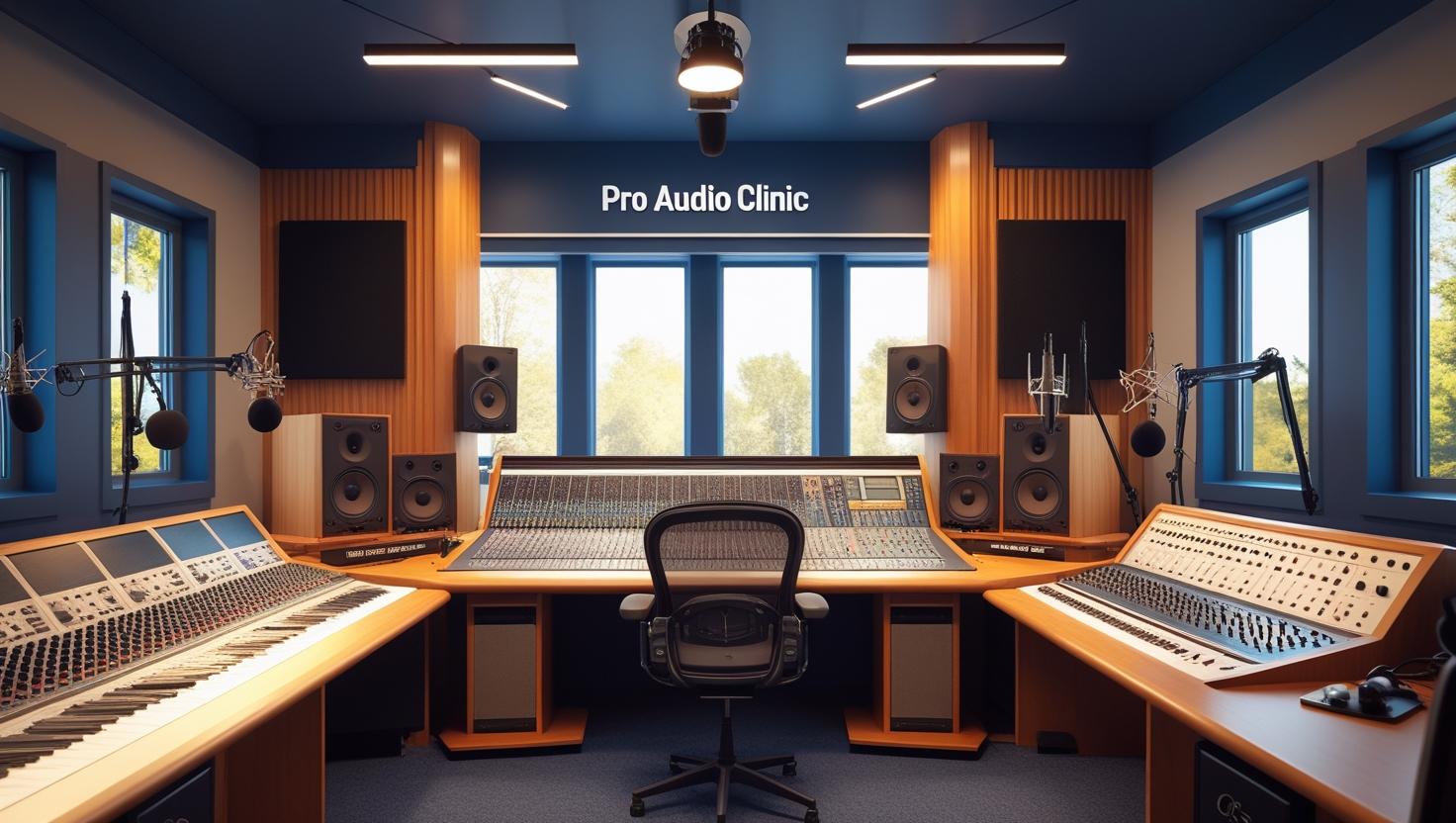 Professional audio studio with mixing console, speakers, and windows.