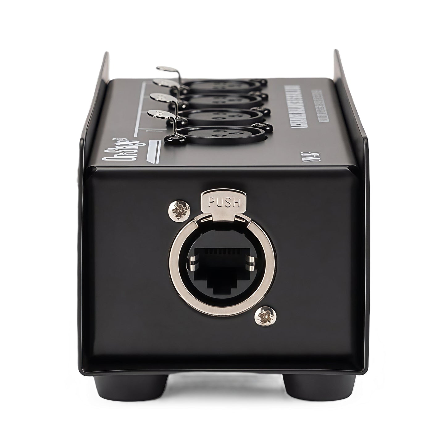 SNK4BF rear—RJ45/EtherCON-style jack and rubber feet, close-up