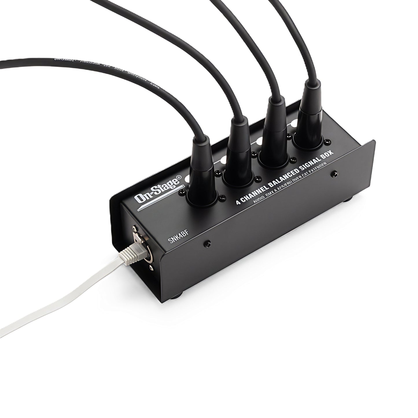 Front view—SNK4BF with four labeled XLR-F channels (1–4) plugged in