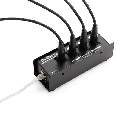 Front view—SNK4BF with four labeled XLR-F channels (1–4) plugged in