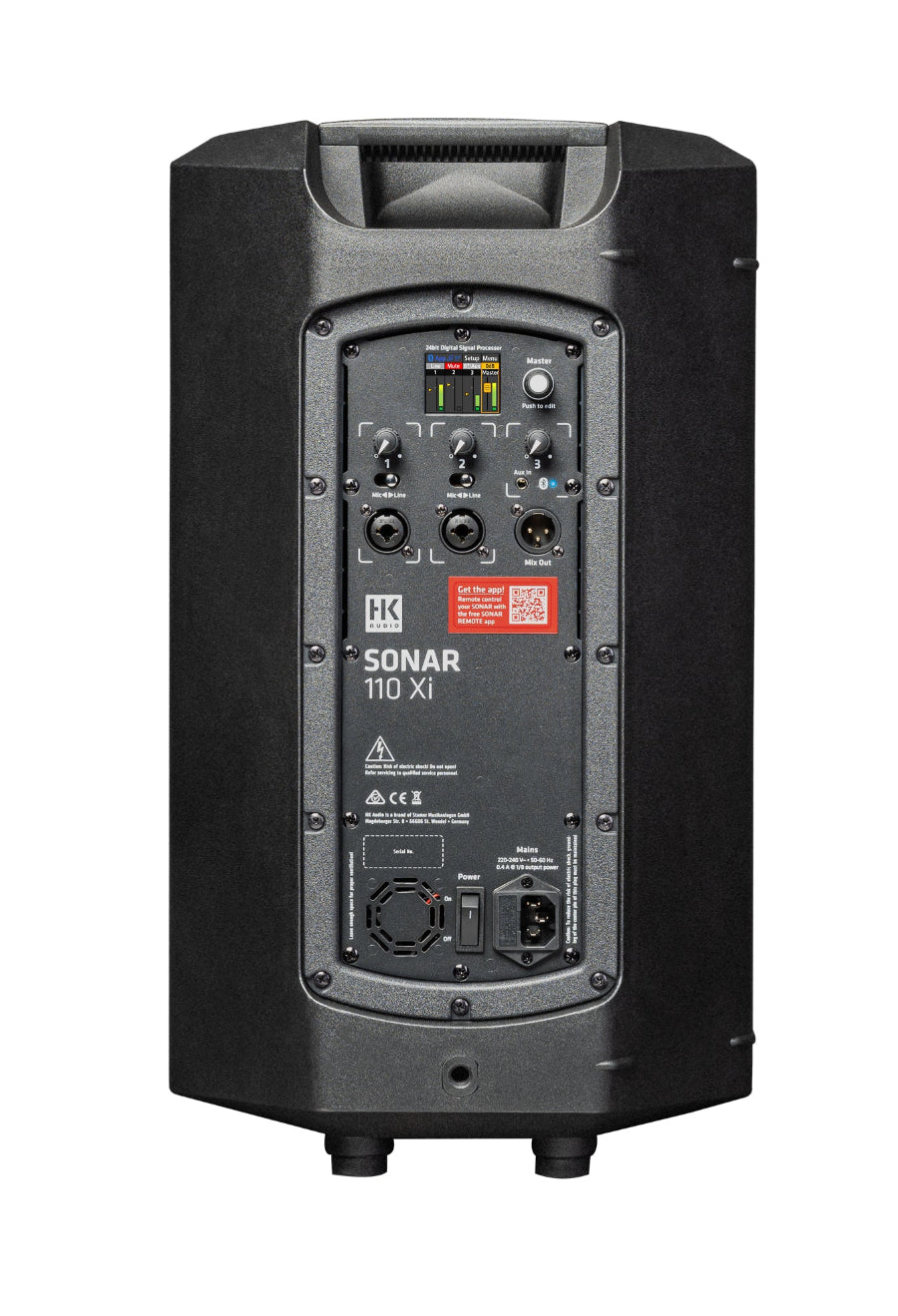 Rear view of black speaker with 'Sonar' branding and sound controls on a white background